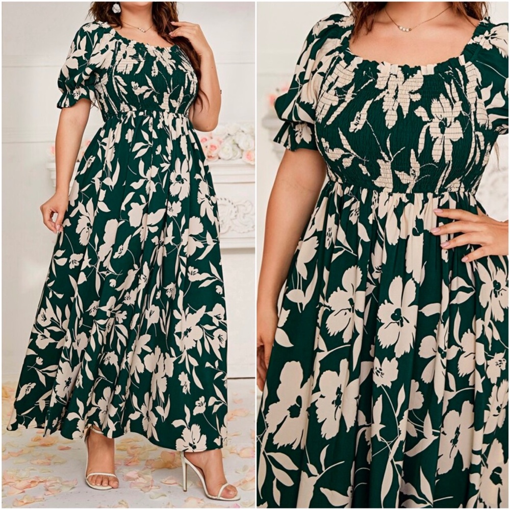 Plus Floral Print Tropical Puff Sleeve Maxi Dress - Picture 3 of 3